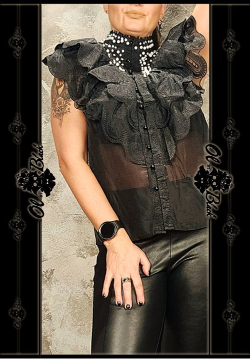 BLUSA VOLANTES ENCAJE Y PEDRERÍA