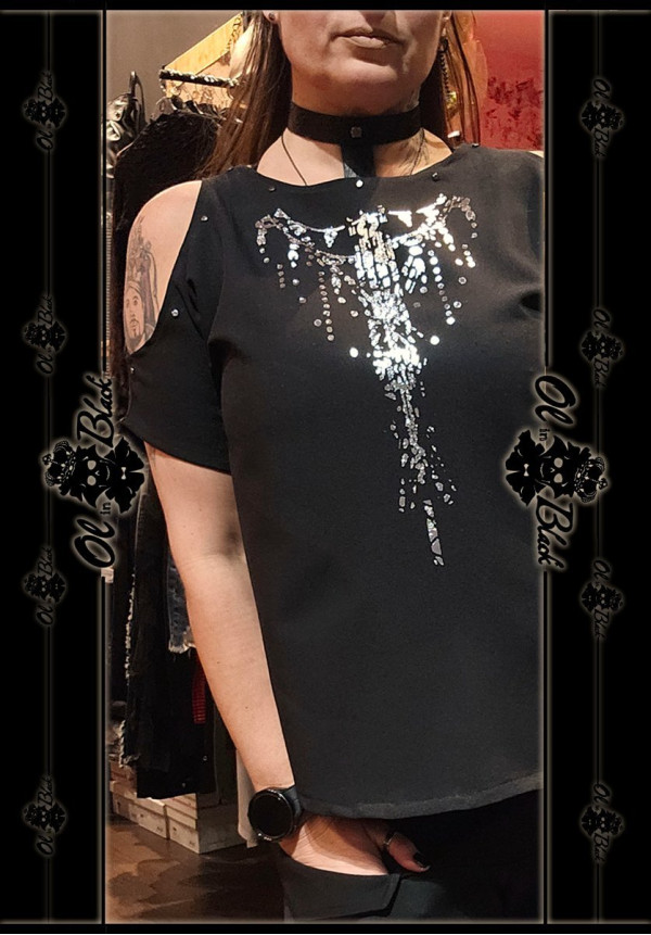 CAMISETA SIN HOMBROS TACHAS